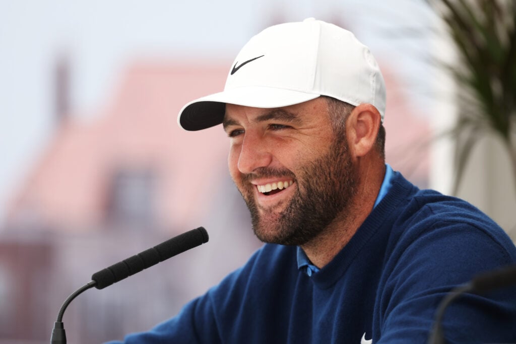 Scottie Scheffler speaks to the media prior to the Genesis Scottish Open at The Renaissance Club