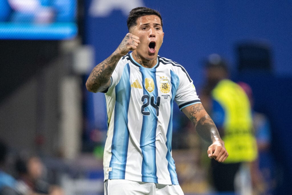 Enzo Fernandez of Argentina celebrates during the FIFA World Cup 2026 Round of 16 match between Argentina and Egypt at Atlanta Stadium.
