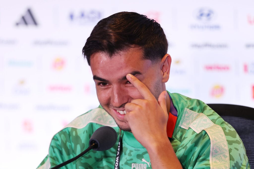 Brahim Diaz #10 of Morocco speaks to the media during a Morocco Press Conference at Boston Stadium on July 08, 2026 in Foxborough, Massachusetts.