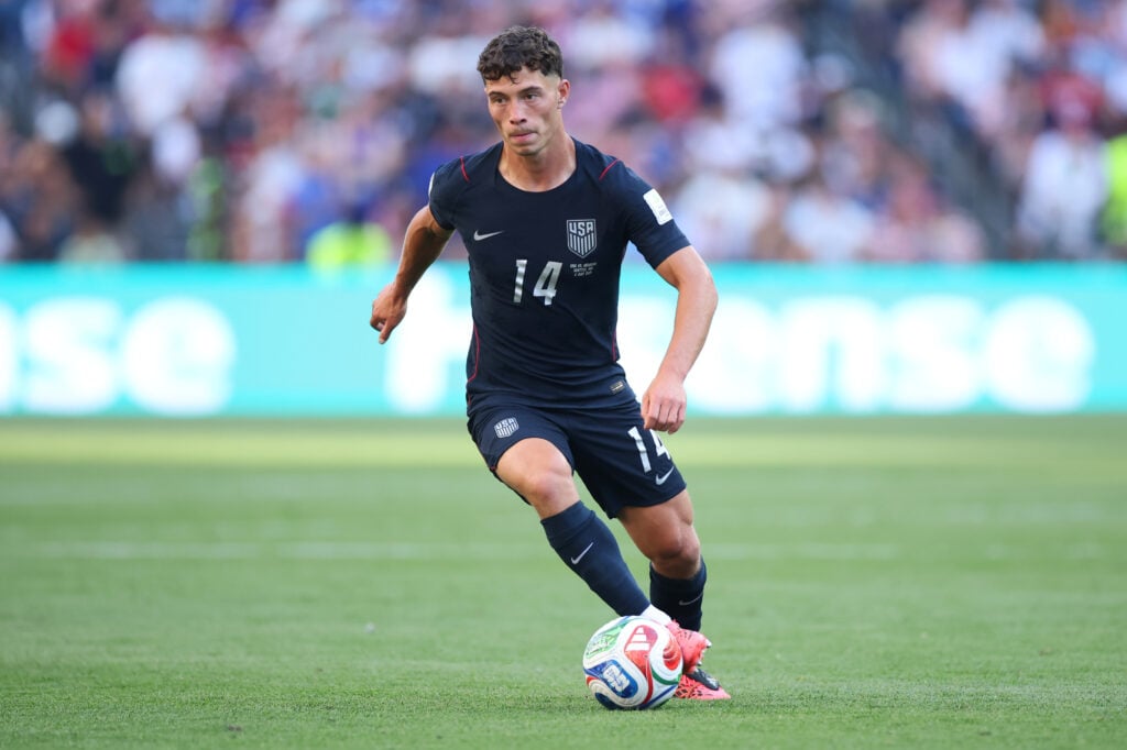 Sebastian Berhalter #14 of the United States controls the ball during the FIFA World Cup 2026 Round Of 16 match between USA and Belgium at Seattle Stadium