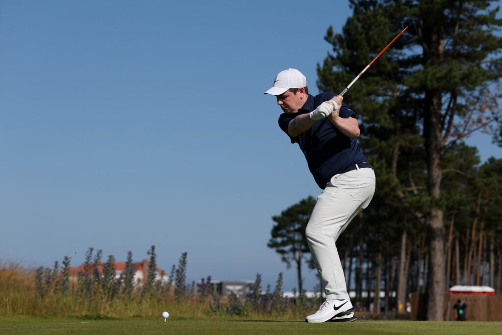 Robert MacIntyre tees off on the 11th hole on day one of the Genesis Scottish Open at The Renaissance Club