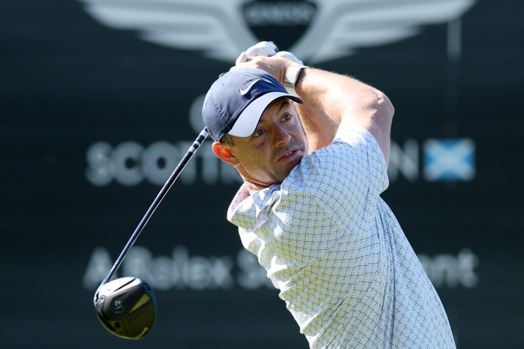 Rory McIlroy of Northern Ireland tees off on the 13th hole on day one of the Genesis Scottish Open 2026 at The Renaissance Club