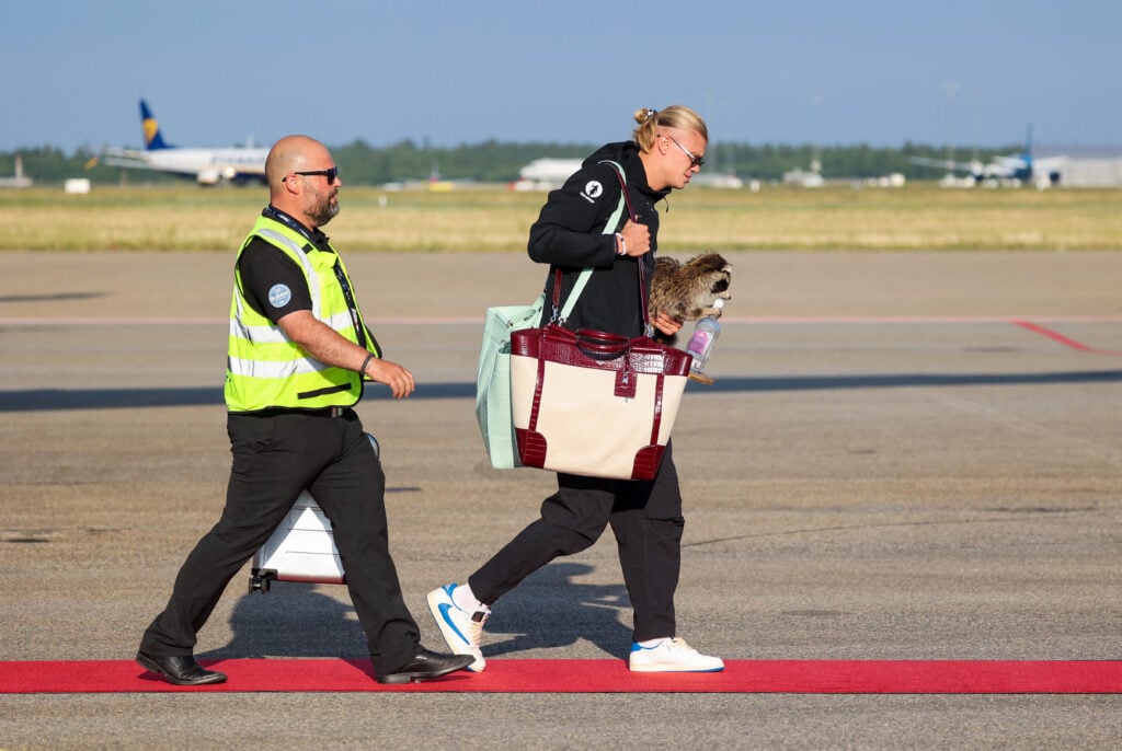 Norway's striker Erling Braut Haaland is pictured after getting off the plane as the Norway's national football team landed at Oslo's Gardermoen Airport.