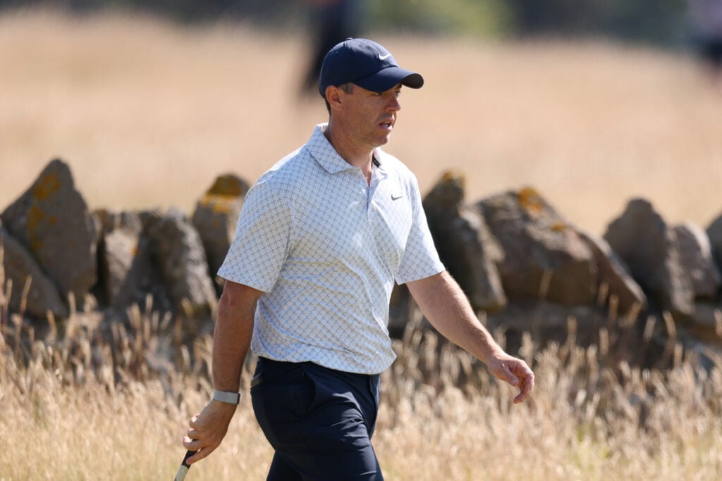 Rory McIlroy walks on the 18th hole at The Renaissance Club during the opening round of the Scottish Open