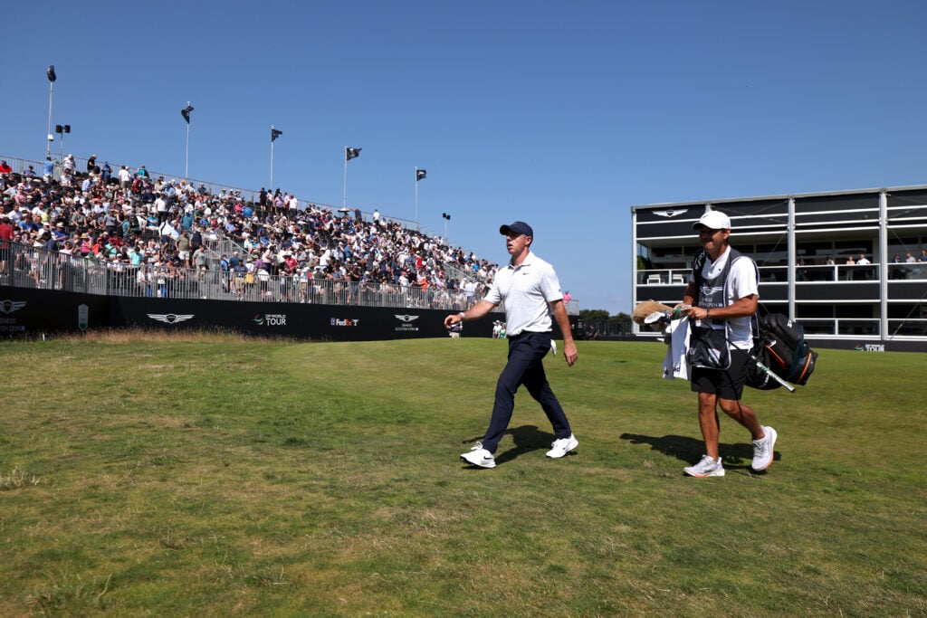 Rory McIlroy walks on the 18th hole at The Renaissance Club during the first round of the Scottish Open