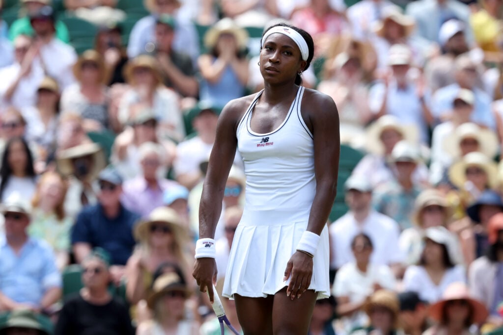Coco Gauff of United States reacts against Karolina Muchova of Czechia during their Ladies' Singles semifinal match on day eleven of The Championships Wimbledon 2026