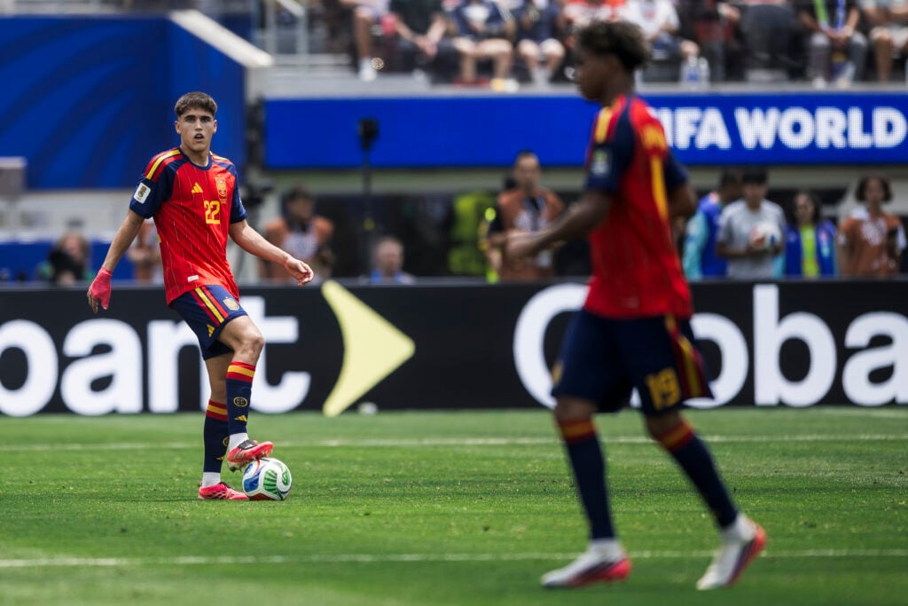 Pau Cubarsi (L) of Spain in action next to Lamine Yamal of Spain during the FIFA World Cup 2026 quarter final football match between Spain and Belgium. Spain won 2-1 over Belgium.