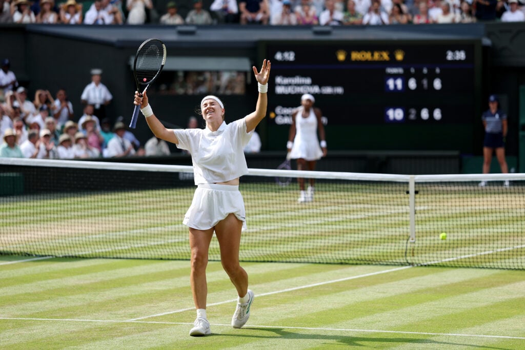 Karolina Muchova of Czechia celebrates winning match point against Coco Gauff of United States during their Ladies' Singles semifinal match on day eleven of The Championships Wimbledon 2026