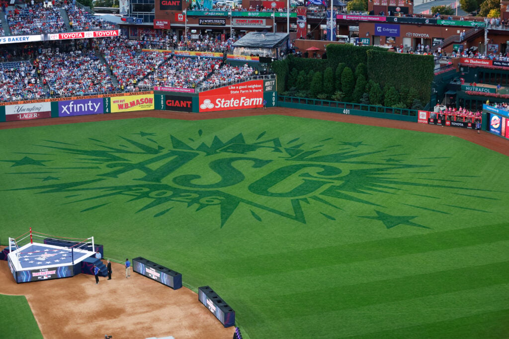 A general view of the All-Star Game logo cut into the outfield grass of Citizens Bank Park prior to the 2026 T-Mobile Home Run Derby.