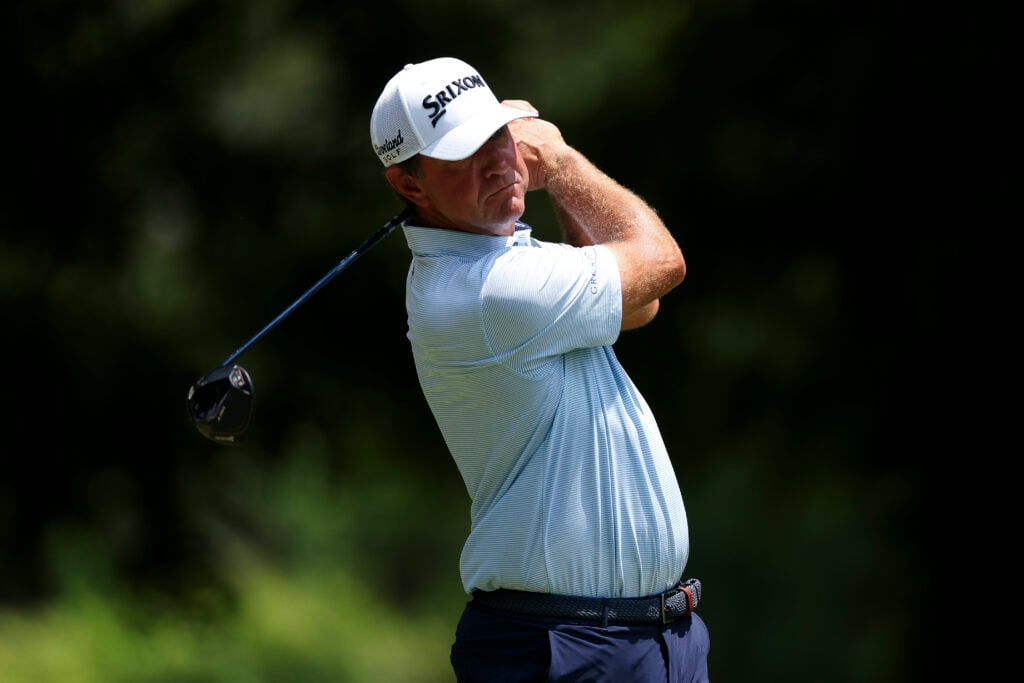 Lucas Glover in action during the first round of the ISCO Championship at Hurstbourne Country Club