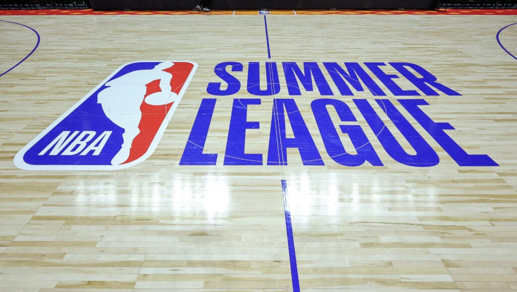An NBA Summer League logo is shown on center court after a 2026 NBA Summer League game between the Sacramento Kings and the LA Clippers at the Thomas & Mack Center.