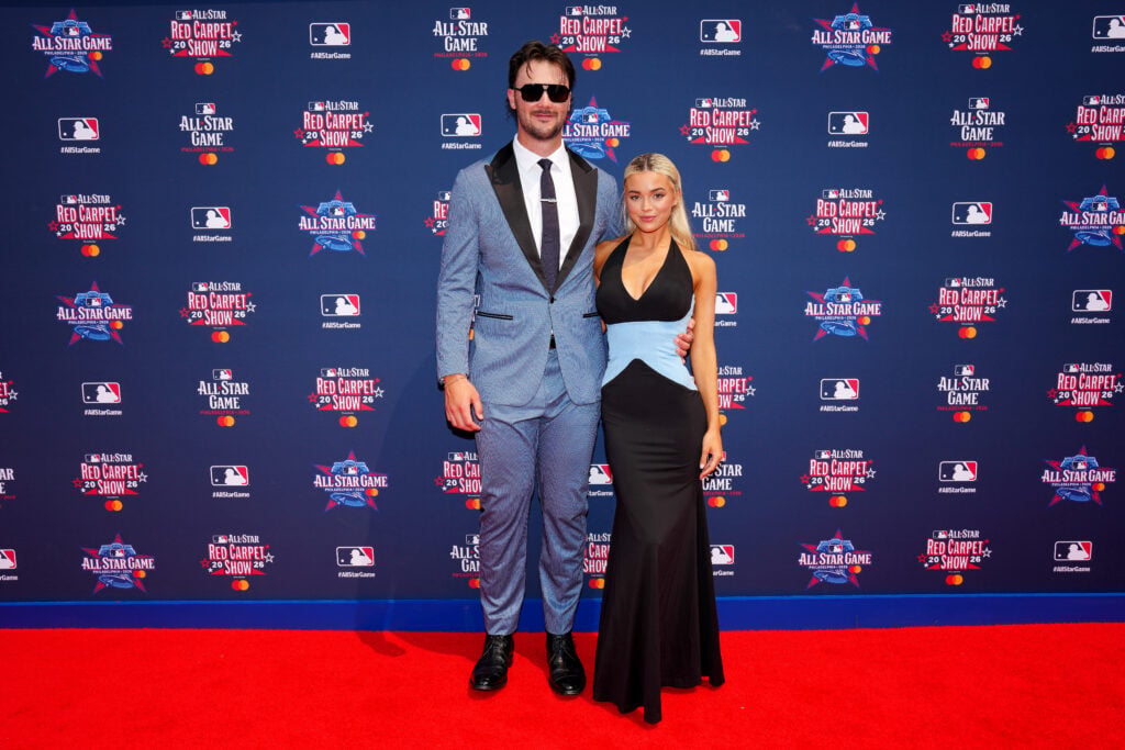 Paul Skenes #30 of the Pittsburgh Pirates poses for a photo with girlfriend Olivia Dunne during the 2026 All-Star Red Carpet Show presented by Mastercard at Independence Mall.