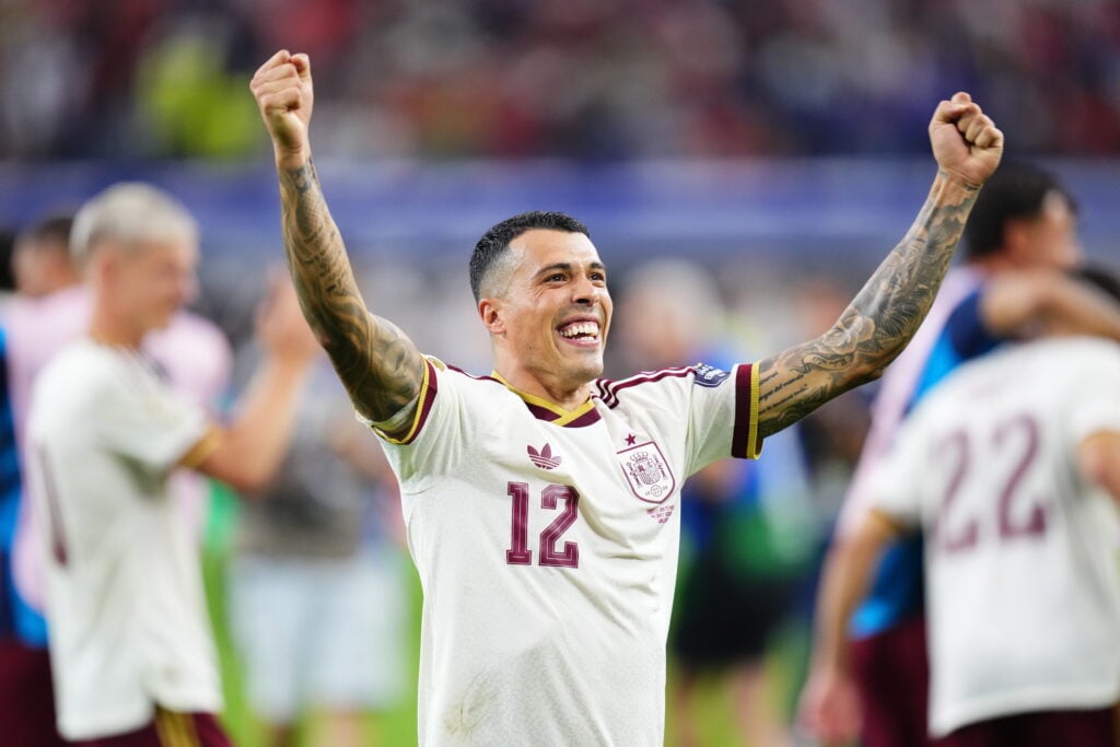 Pedro Porro of Spain celebrates the victory during the 2026 FIFA World Cup semi-final match between France and Spain.