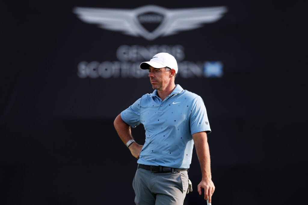 Rory McIlroy of Northern Ireland prepares to putt on the 18th green on day two of the Genesis Scottish Open