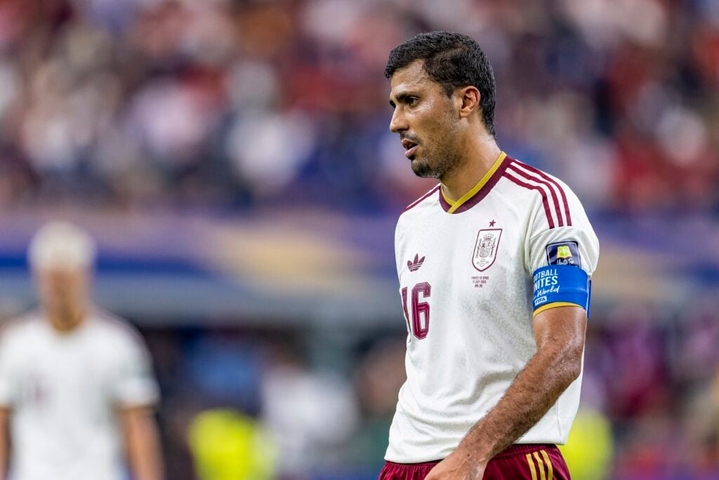 Rodri of Spain during the 2026 World Cup match between France and Spain at Dallas Stadium on July 14, 2026, in Dallas, United States.