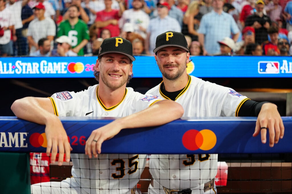 Braxton Ashcraft #35 and Paul Skenes #30 of the Pittsburgh Pirates pose for a photo in the dugout prior to the 96th MLB All-Star Game presented by Mastercard at Citizens Bank Park.