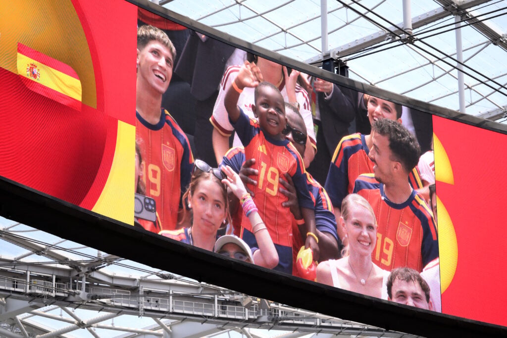 Keyne, the little brother of Lamine Yamal #19 of Spain, is seen on the screen during the FIFA World Cup 2026 Quarter Final match between Spain and Belgium at Los Angeles Stadium.