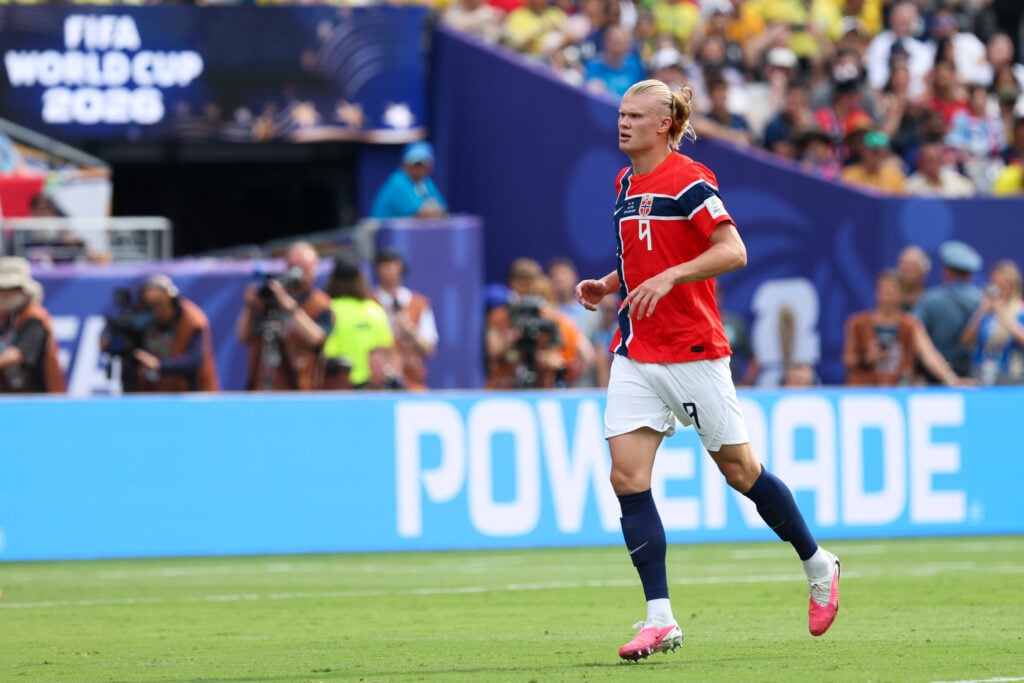Erling Haaland #9 of Norway reacts during the FIFA World Cup 2026 Round Of 16 match between Brazil and Norway at New York New Jersey Stadium on July 05, 2026 in East Rutherford, New Jersey.