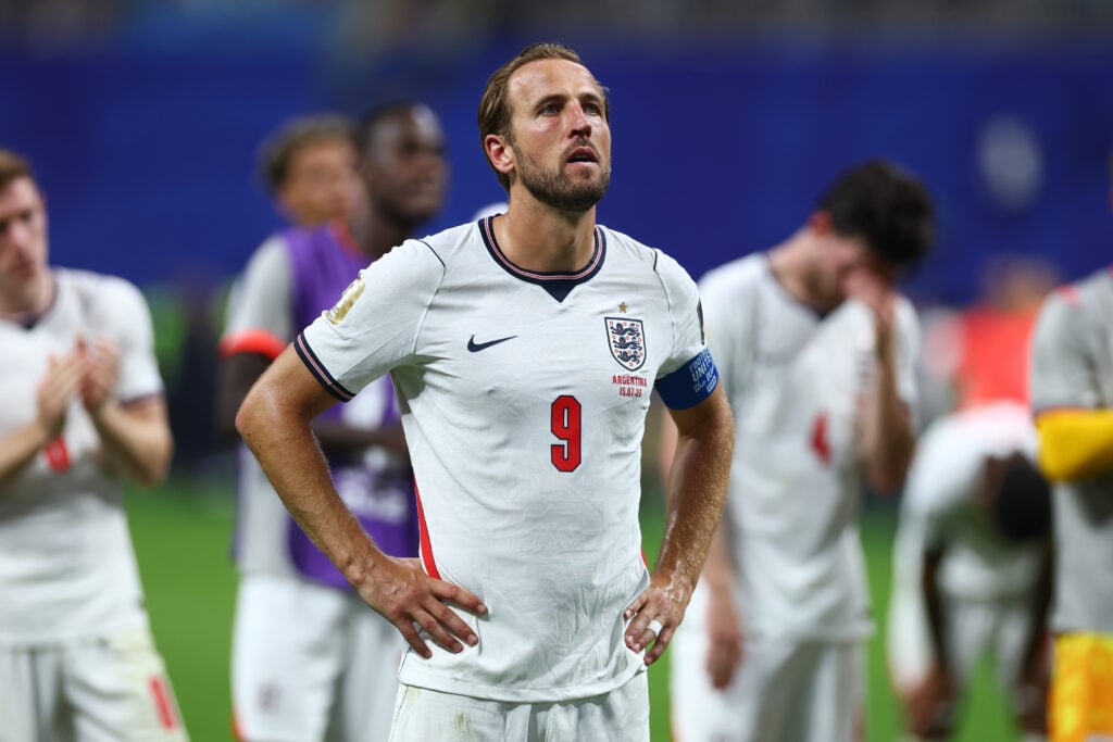 Harry Kane of England reacts at the end of the FIFA World Cup 2026 Semi Final match between England and Argentina at Atlanta Stadium on July 15, 2026 in Atlanta, United States.