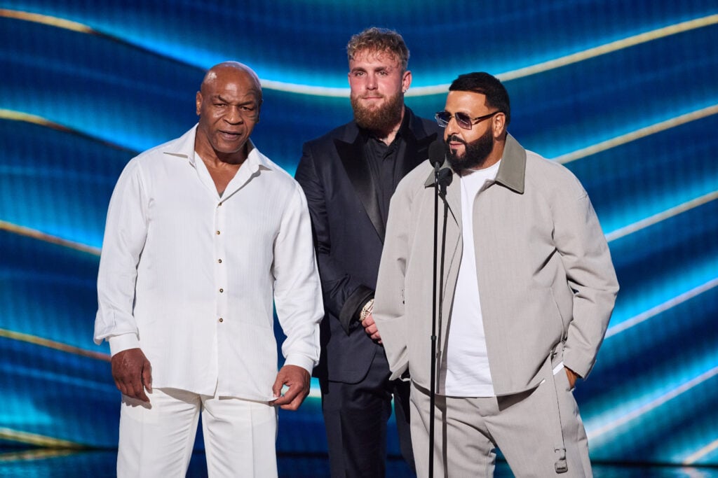 Mike Tyson, Jake Paul, and DJ Khaled present an award together at the 2026 ESPYs, presented by ESPN.