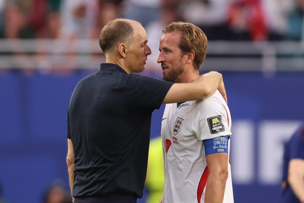 Thomas Tuchel Manager / Head Coach of England and Harry Kane celebrate during the FIFA World Cup 2026 Quarter Final match between Norway and England at Miami Stadium.