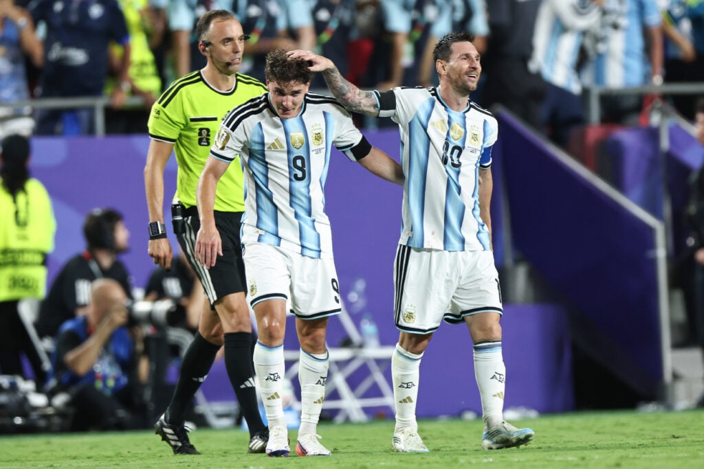 Julián Álvarez #9 of Argentina celebrates with his teammate Lionel Messi #10 as he scores to make it 2-1 during the FIFA World Cup 2026 Quarter Final match between Argentina and Switzerland at Kansas City Stadium on July 11, 2026 in Kansas City, Missouri.