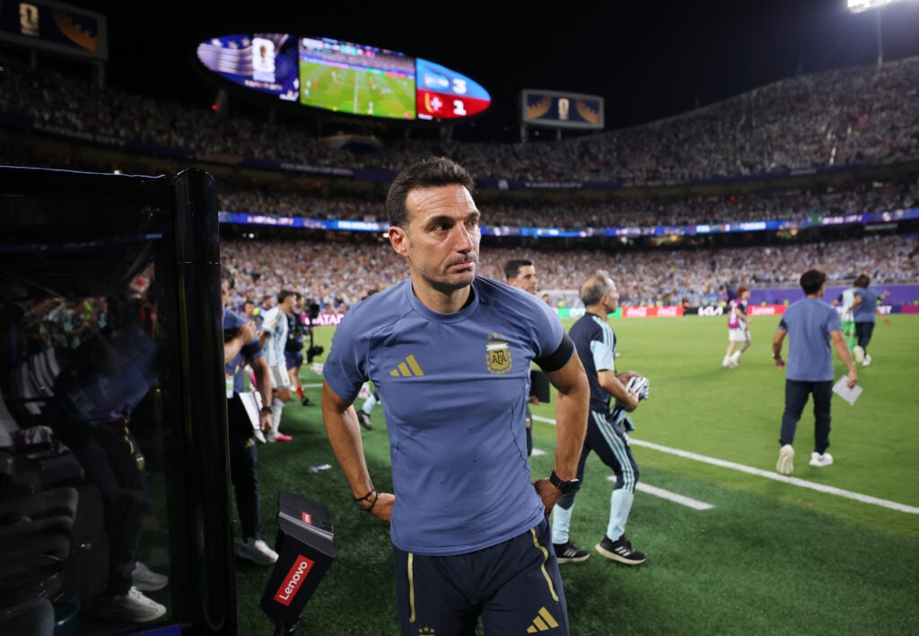 Lionel Scaloni, Head Coach of Argentina, looks on after the 3-1 victory during the FIFA World Cup 2026 Quarter Final match between Argentina and Switzerland at Kansas City Stadium