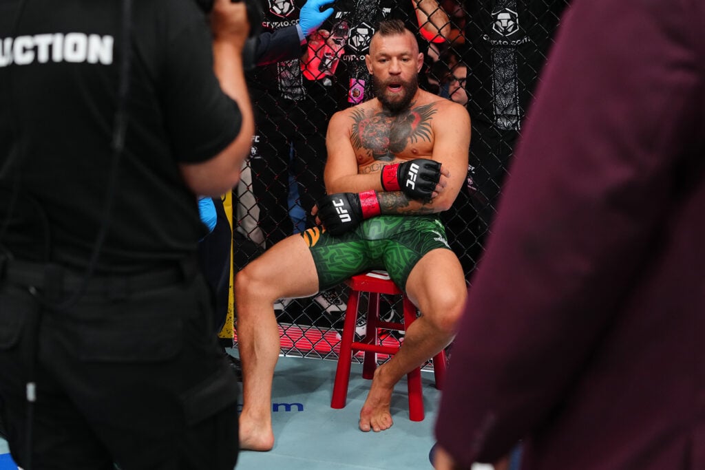 Conor McGregor of Ireland reacts to the injury stoppage in a welterweight fight during the UFC 329 event at T-Mobile Arena on July 11, 2026.
