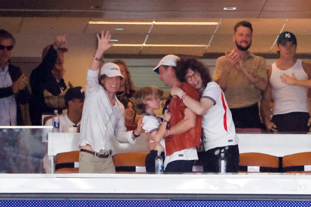 Mick Jagger and his sons Deveraux Jagger, James Jagger, Lucas Jagger celebrate the goal of Jude Bellingham #10 of England during the FIFA World Cup 2026.