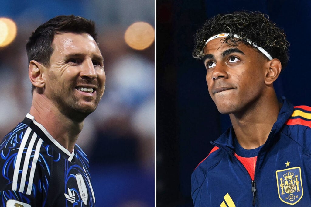 This combination of file photos created on July 16, 2026, shows Argentina's forward #10 Lionel Messi in Atlanta on July 15, 2026 (L); and Spain's forward #19 Lamine Yamal in Atlanta.