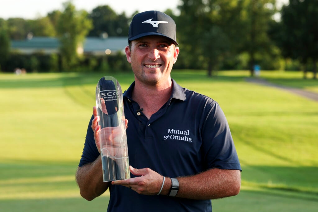 Steven Fisk poses with the trophy after winning the ISCO Championship 2026 at Hurstbourne Country Club