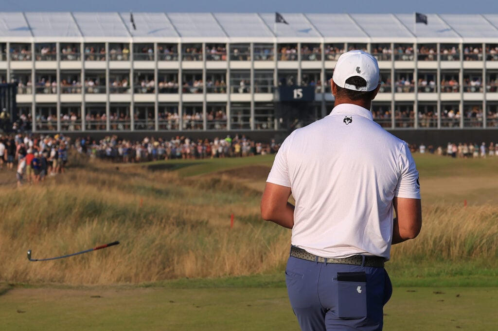 Jon Rahm throws his club on the 15th hole at Royal Birkdale during the second round of The Open Championship