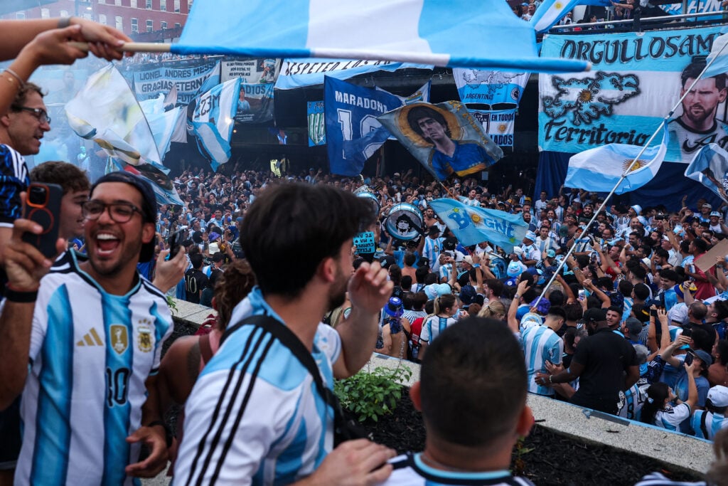 Argentina fans gather one day ahead of the FIFA World Cup 2026 Semi Final match against England on July 14, 2026 in Atlanta, Georgia.