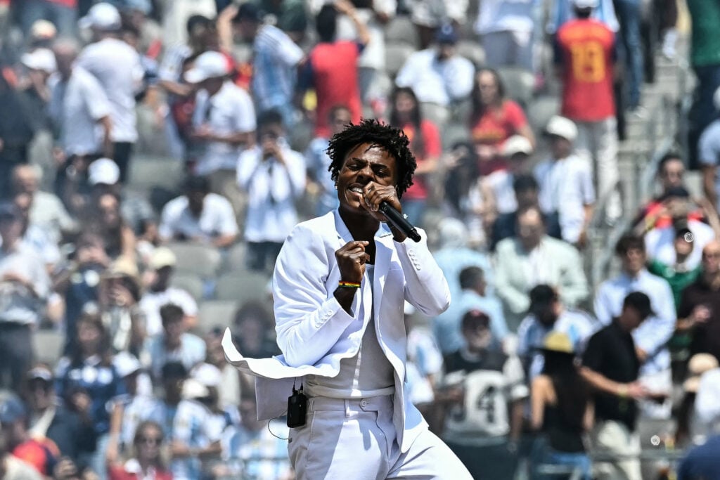 IShowSpeed performs ahead of for the 2026 World Cup football tournament final match between Spain and Argentina at the New York/New Jersey Stadium in East Rutherford on July 19, 2026.