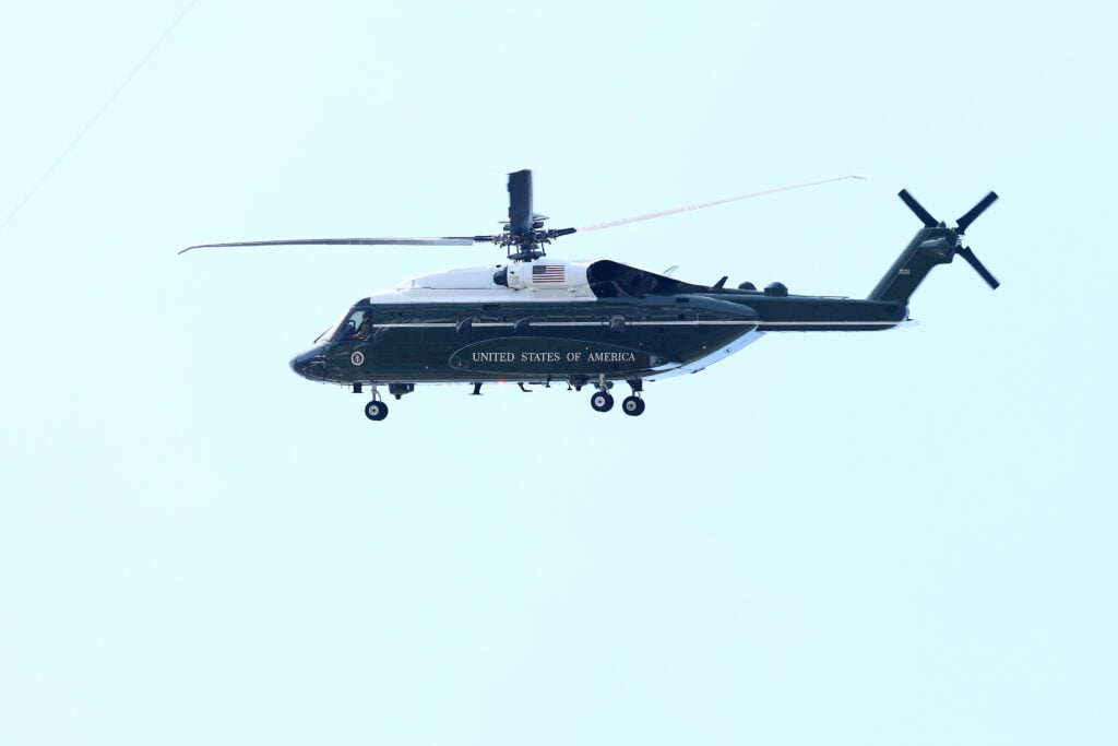 Marine One, carrying US President Donald Trump arrives prior to the FIFA World Cup 2026 Final match between Spain and Argentina