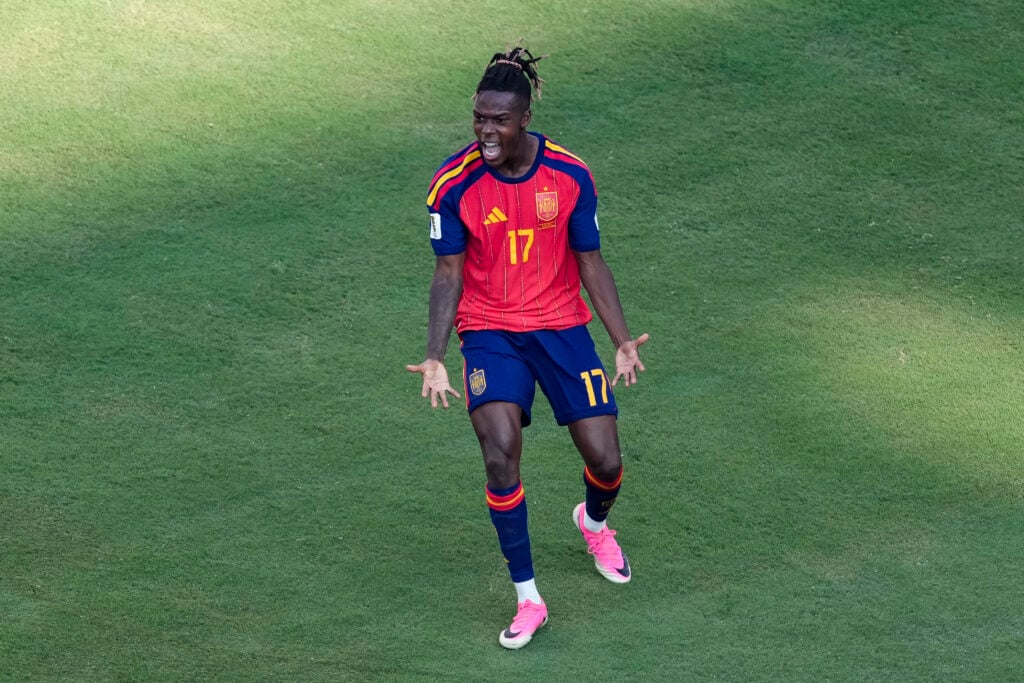 Nico Williams of Spain reacts after the cancelled first goal of Spain during the FIFA World Cup 2026 Final match between Spain and Argentina at New York New Jersey Stadium.