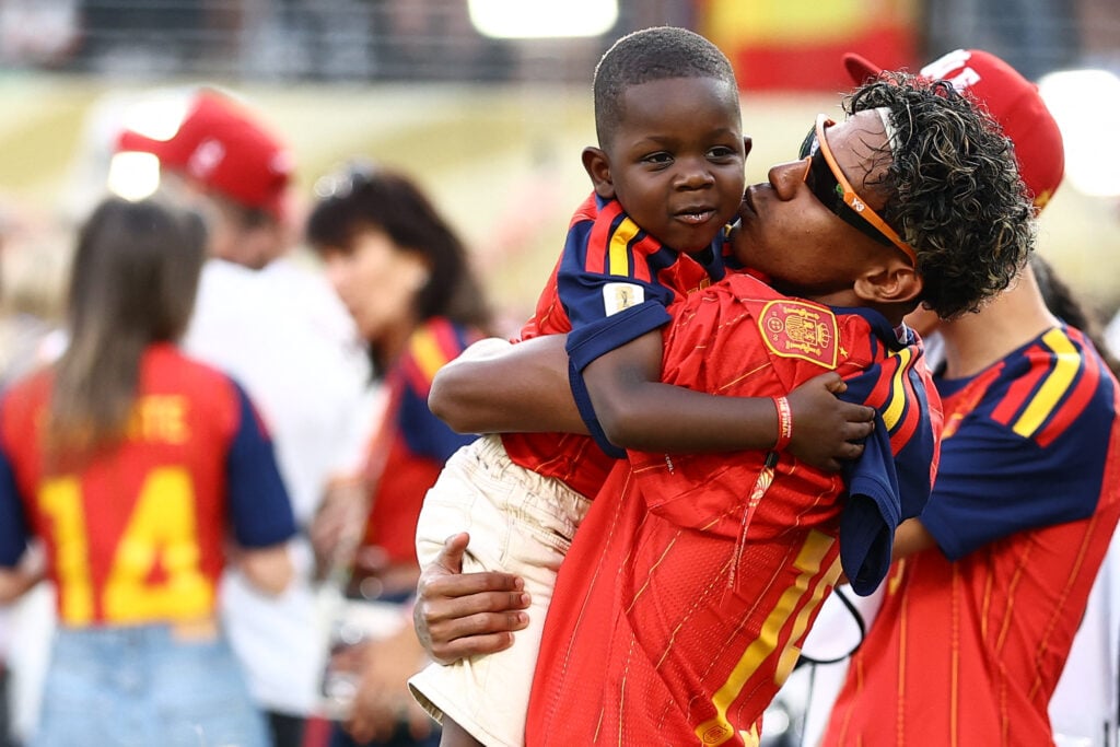 Spain's forward #19 Lamine Yamal celebrates with his brother Keyne after winning the 2026 World Cup football tournament final match between Spain and Argentina at the New York/New Jersey Stadium.