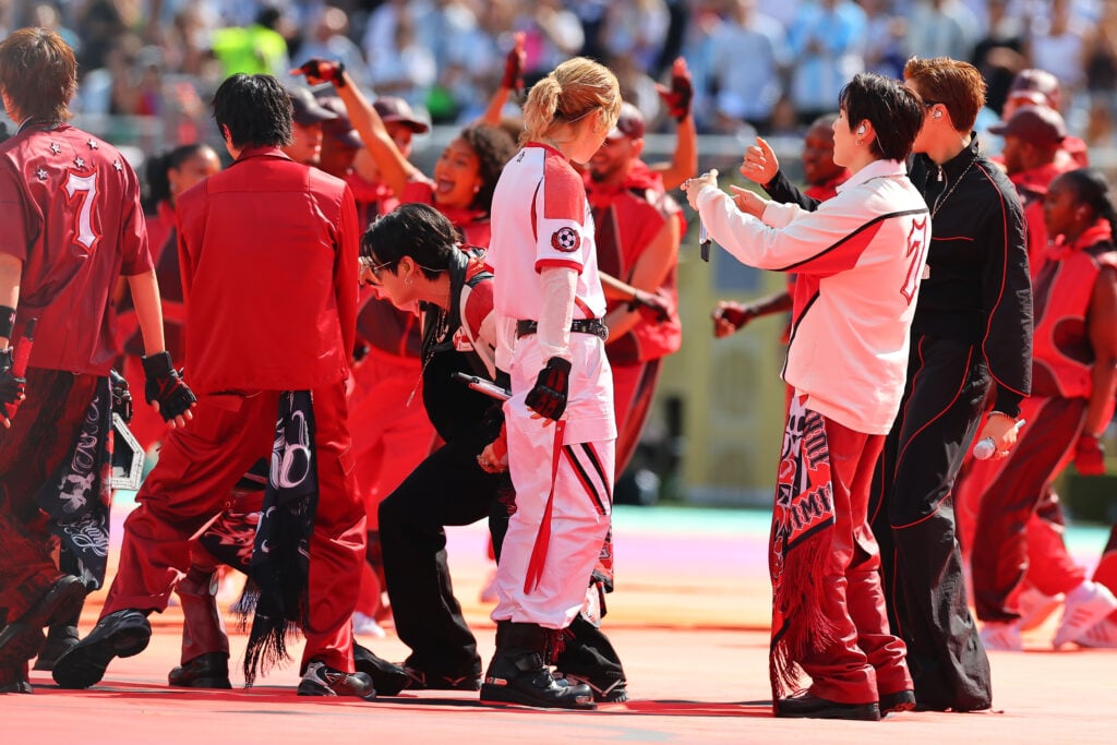 BTS performs during the half time show during the FIFA World Cup 26 Final between Spain and Argentina on July 19, 2026 at New York/New Jersey Stadium in East Rutherford, New Jersey.