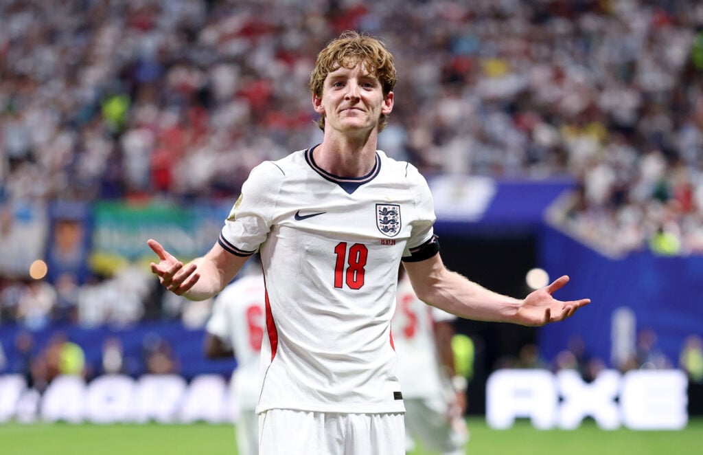 Anthony Gordon #18 of England celebrates scoring his team's first goal during the FIFA World Cup 2026 Semi Final match between England and Argentina at Atlanta Stadium on July 15, 2026 in Atlanta, Georgia.