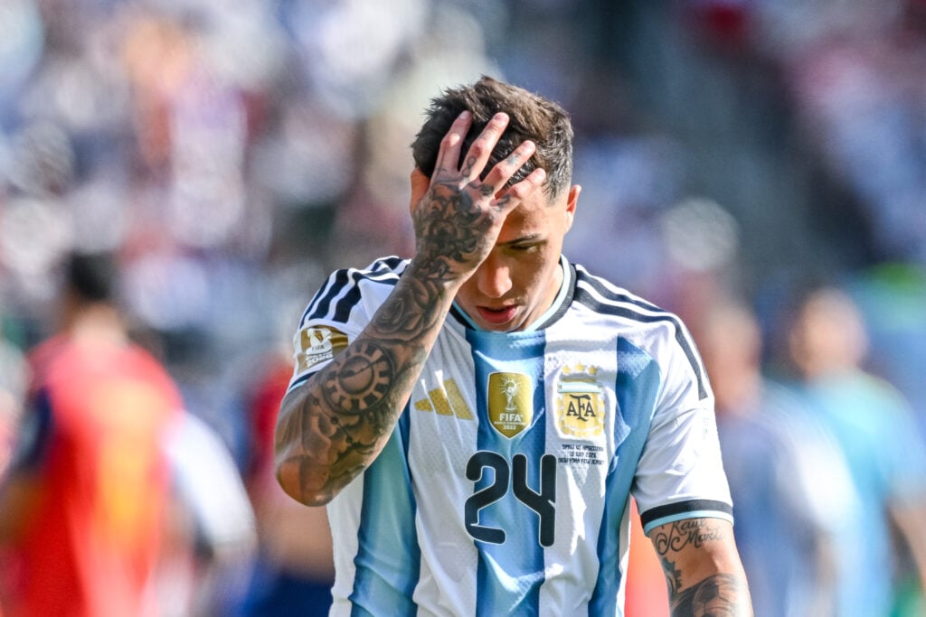 Enzo Fernandez of Argentina looks dejected during the FIFA World Cup 2026 Final match between Spain and Argentina at New York New Jersey Stadium.