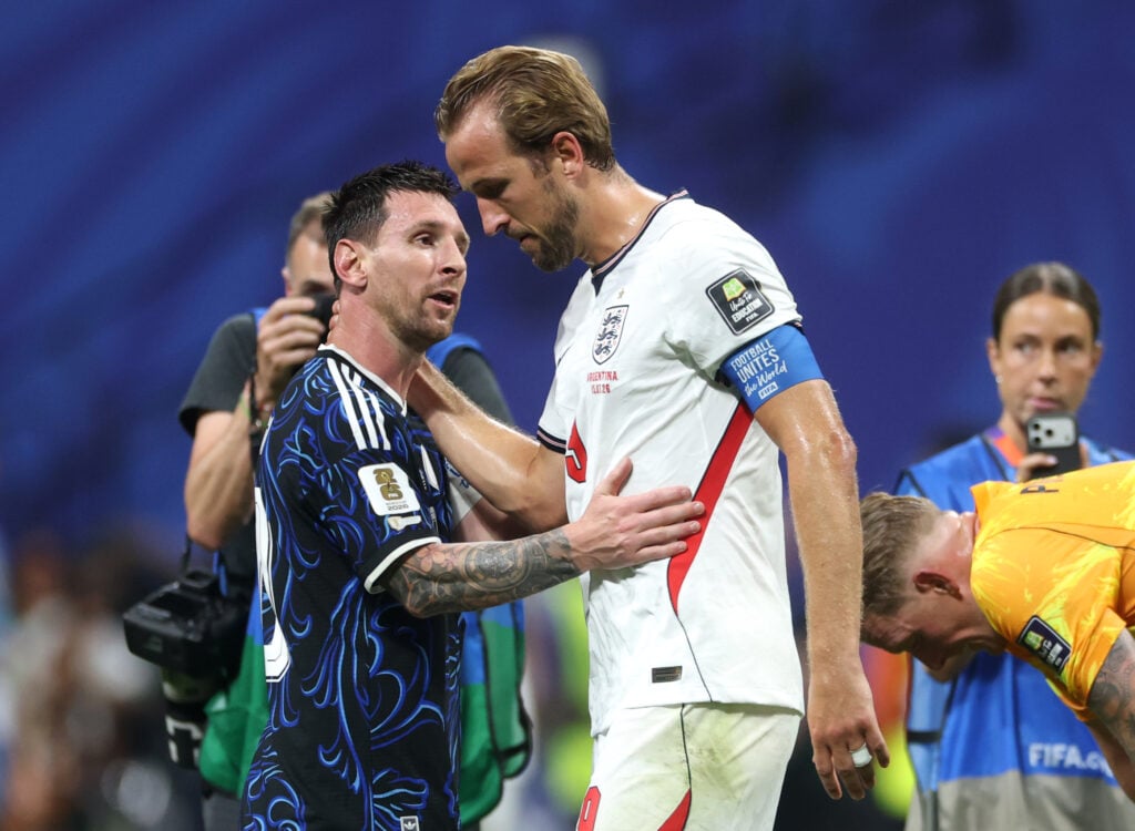 Lionel Messi #10 of Argentina is congratulated by Harry Kane #9 of England after the 2-1 win during the FIFA World Cup 2026 Semi Final match between England and Argentina at Atlanta Stadium