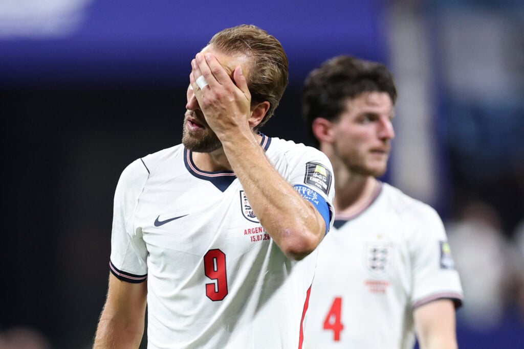 Harry Kane of England reacts at the end of the FIFA World Cup 2026 Semi Final match between England and Argentina at Atlanta Stadium on July 15, 2026 in Atlanta, United States.