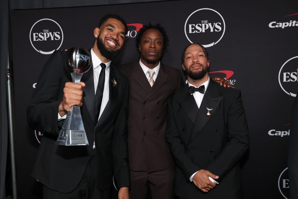 Karl-Anthony Towns, OG Anunoby and Jalen Brunson pose with the Best Team award on behalf of the New York Knicks during the 2026 ESPY Awards at David H. Koch Theater at Lincoln Center on July 15, 2026 in New York City.