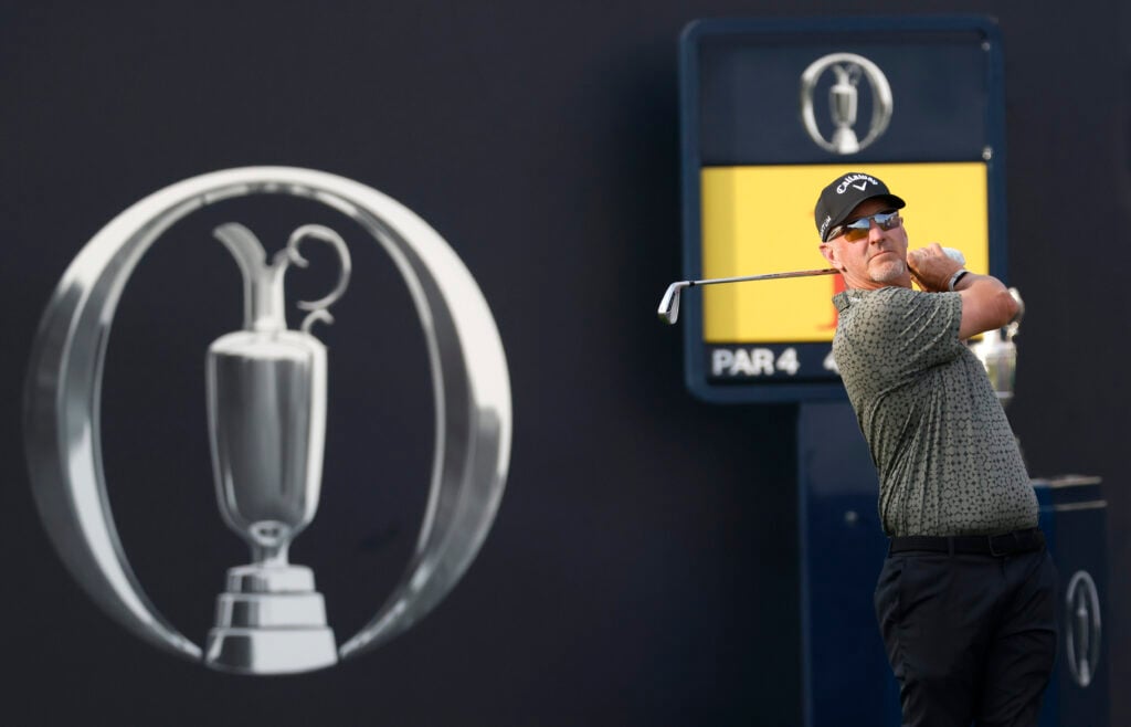 David Duval hits his opening tee shot during the first round of The Open Championship