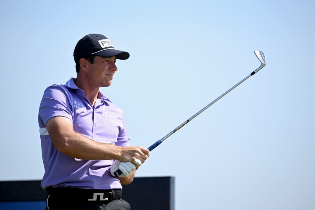 Viktor Hovland tees off on the seventh hole during the first round of The Open Championship