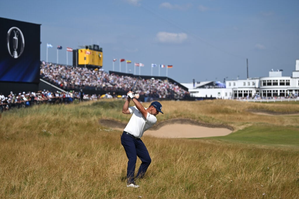 Bryson DeChambeau of the United States plays his second shot on the 18th hole during Day One of the The 154th Open Championship at Royal Birkdale