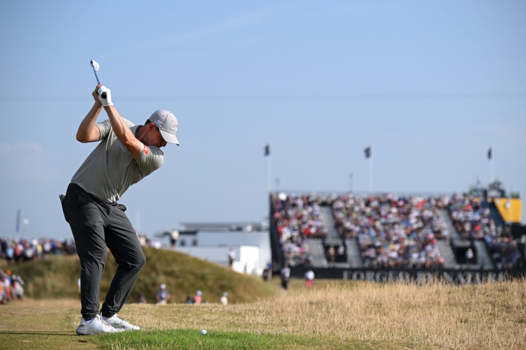 Matt Fitzpatrick of England plays his second shot on the ninth hole during Day One of the The 154th Open Championship at Royal Birkdale