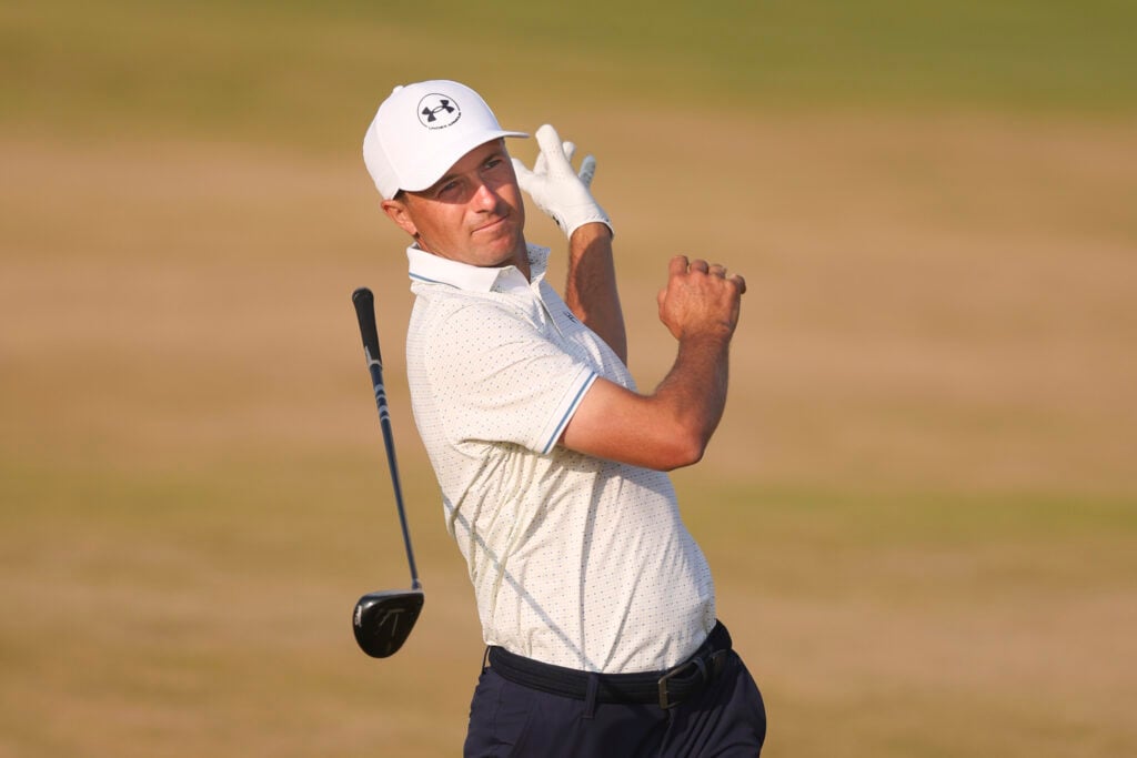 Jordan Spieth plays his second shot on the 14th hole on day two of the The 154th Open Championship at Royal Birkdale