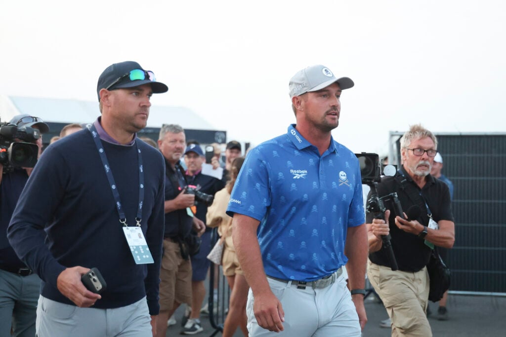 Bryson DeChambeau leaves the scoring area after being penalised at The Open Championship