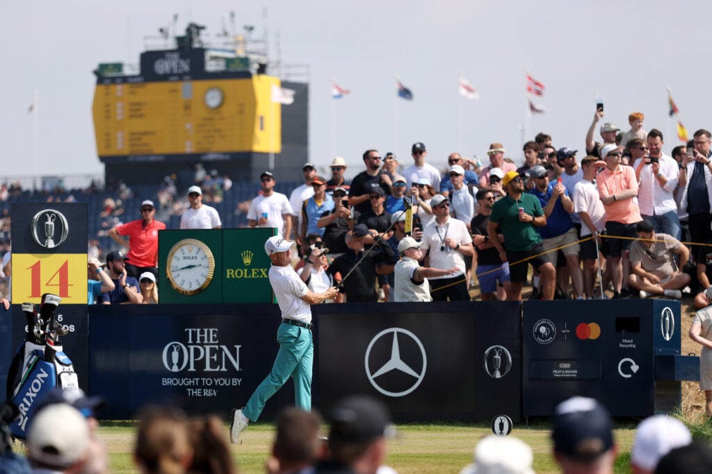 Justin Thomas of the United States tees off on the 14th hole on day three of the The 154th Open Championship at Royal Birkdale
